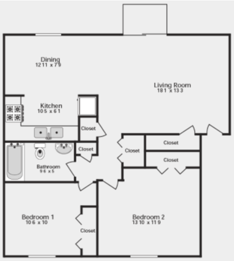 Floor plan for 2 beds, 1 bath, 1046 sqft